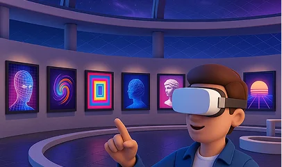 Vue immersive de la galerie d'art virtuelle GNUT avec œuvres exposées