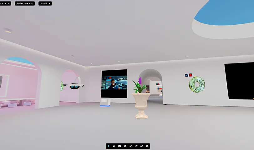 Vue d'ensemble d'un hub virtuel 3D avec différentes zones à explorer et des avatars d'utilisateurs